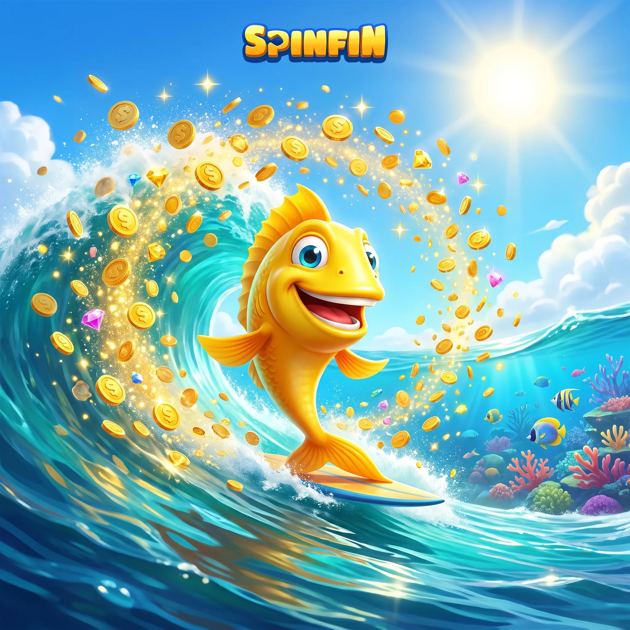 SpinFin welcome bonus with a golden fish and coins